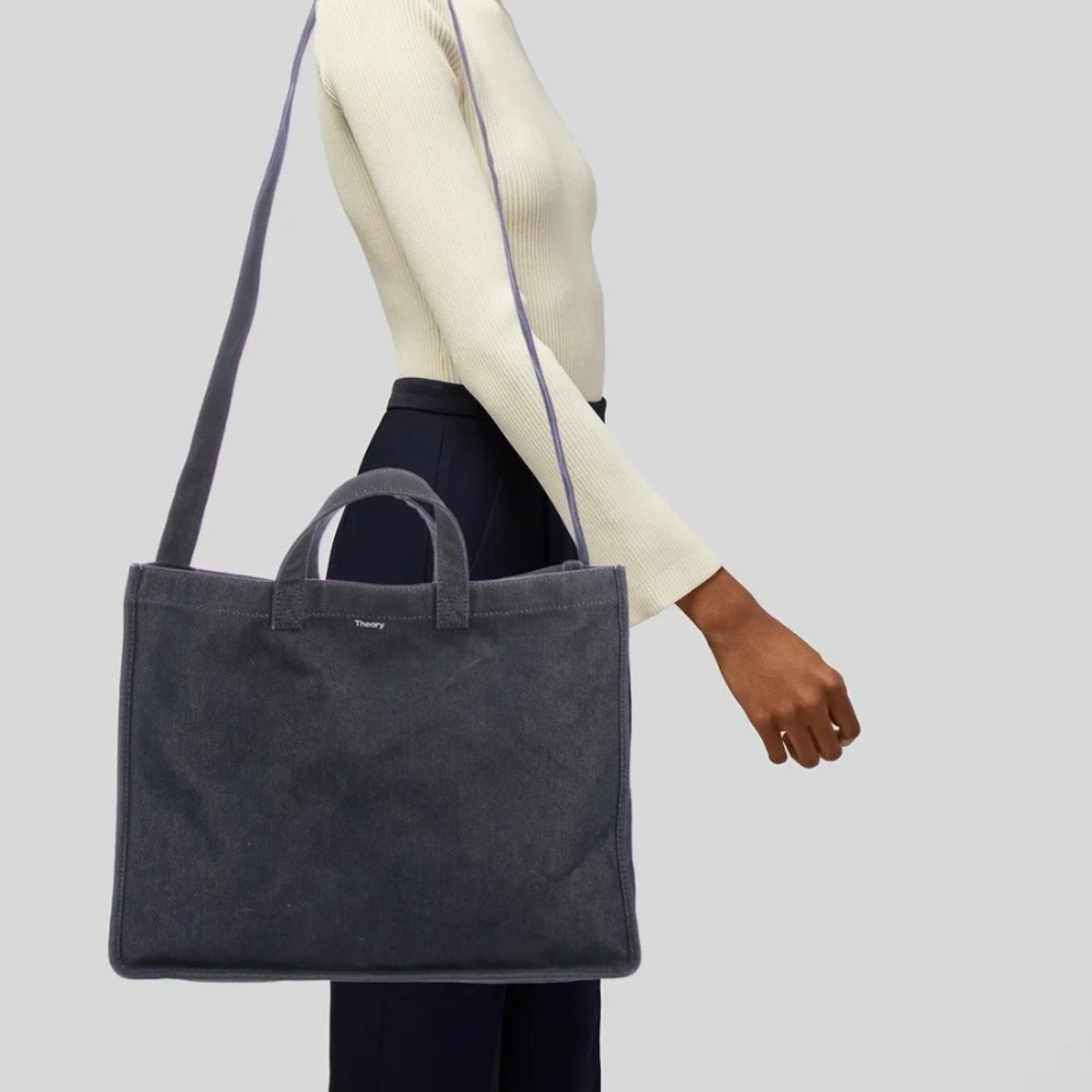 Theory Denim Tote Bag Dark Wash Blue Dual Handles & Strap